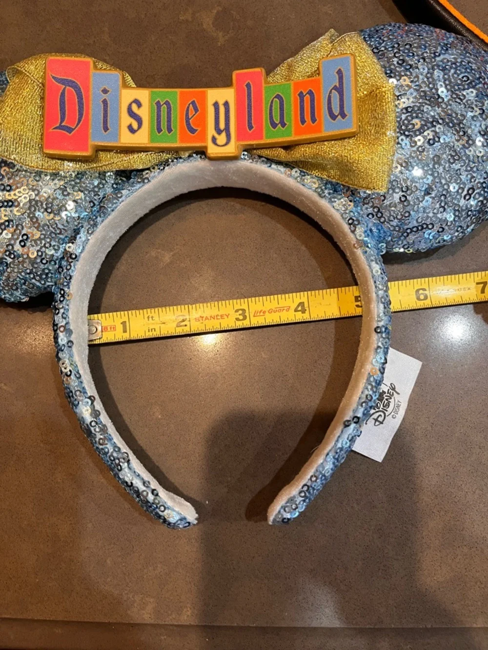 Disneyland Marquee Minnie Ears Blue Sequin Gold Bow Retro Headband